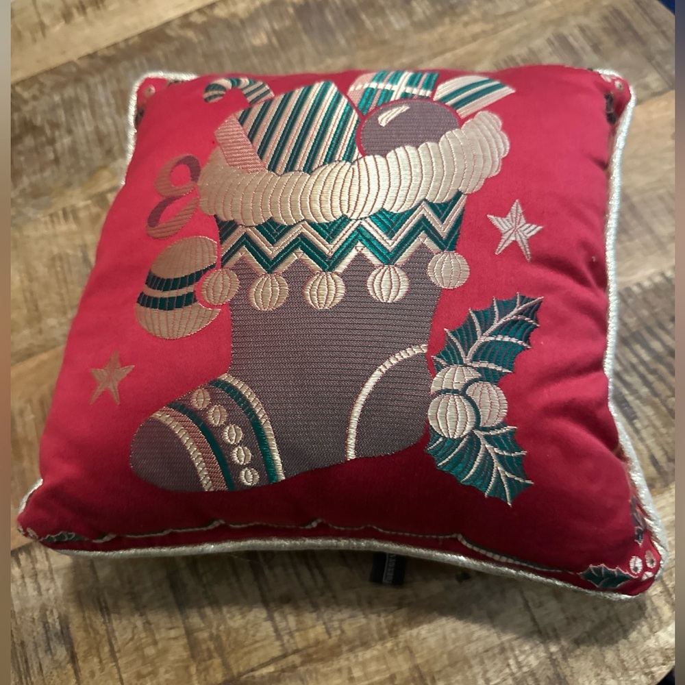 Vintage Portofino Small Throw Pillow Gold Stocking Embroidered Christmas 10x10